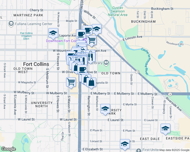 map of restaurants, bars, coffee shops, grocery stores, and more near 300 Remington Street in Fort Collins
