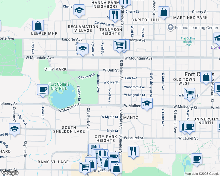 map of restaurants, bars, coffee shops, grocery stores, and more near 307 Scott Avenue in Fort Collins