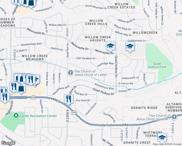 map of restaurants, bars, coffee shops, grocery stores, and more near 2472 Woodthrush Drive in Sandy