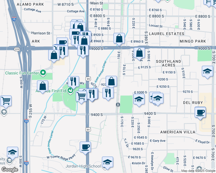 map of restaurants, bars, coffee shops, grocery stores, and more near 83 9230 South in Sandy