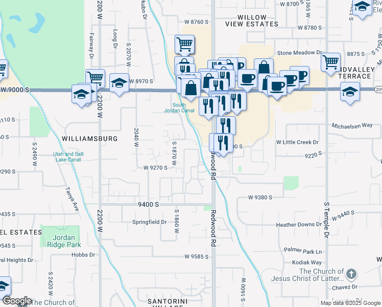 map of restaurants, bars, coffee shops, grocery stores, and more near 9300 South Redwood Road in West Jordan