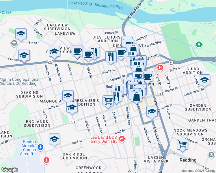 map of restaurants, bars, coffee shops, grocery stores, and more near 1743 Tehama Street in Redding