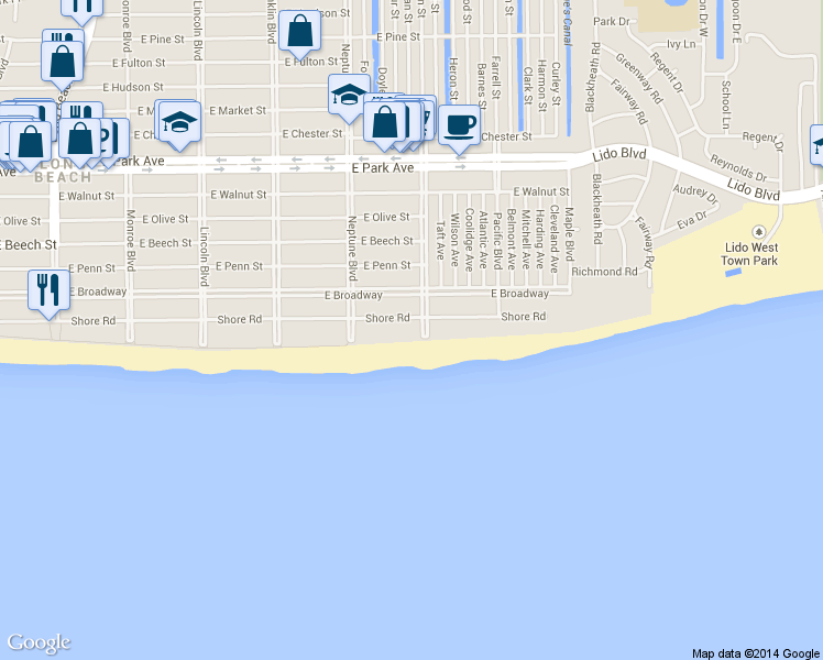 map of restaurants, bars, coffee shops, grocery stores, and more near 666 Shore Road in Long Beach