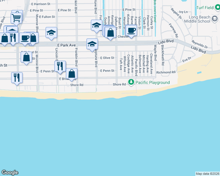 map of restaurants, bars, coffee shops, grocery stores, and more near 630 Shore Road in Long Beach