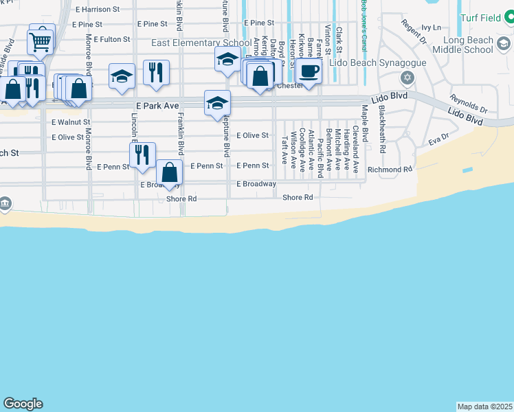 map of restaurants, bars, coffee shops, grocery stores, and more near 630 Shore Road in Long Beach