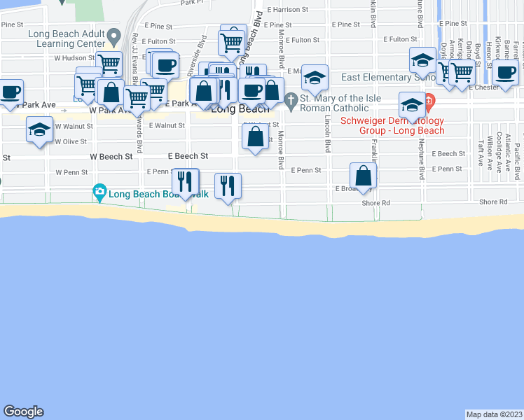 map of restaurants, bars, coffee shops, grocery stores, and more near 271 Shore Road in Long Beach