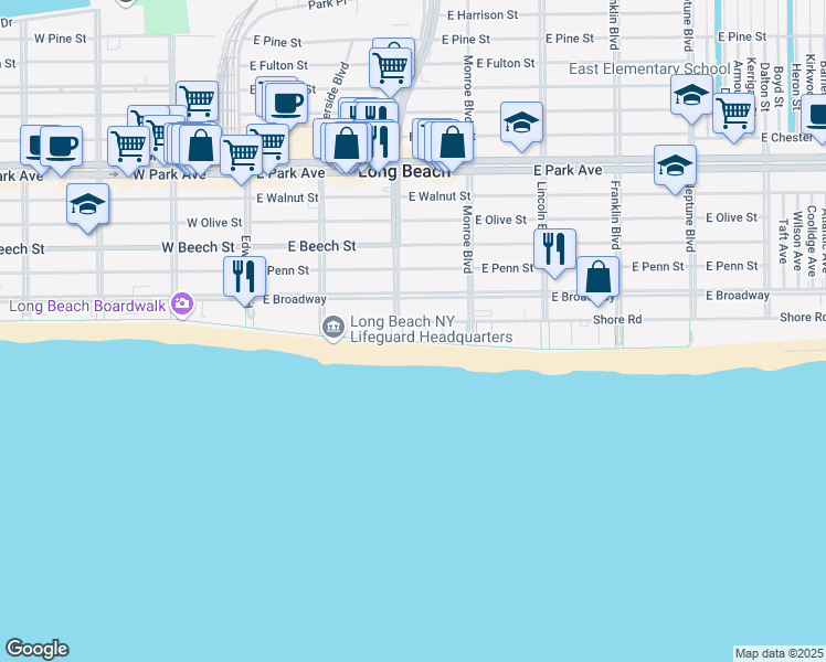 map of restaurants, bars, coffee shops, grocery stores, and more near 239 Shore Road in Long Beach