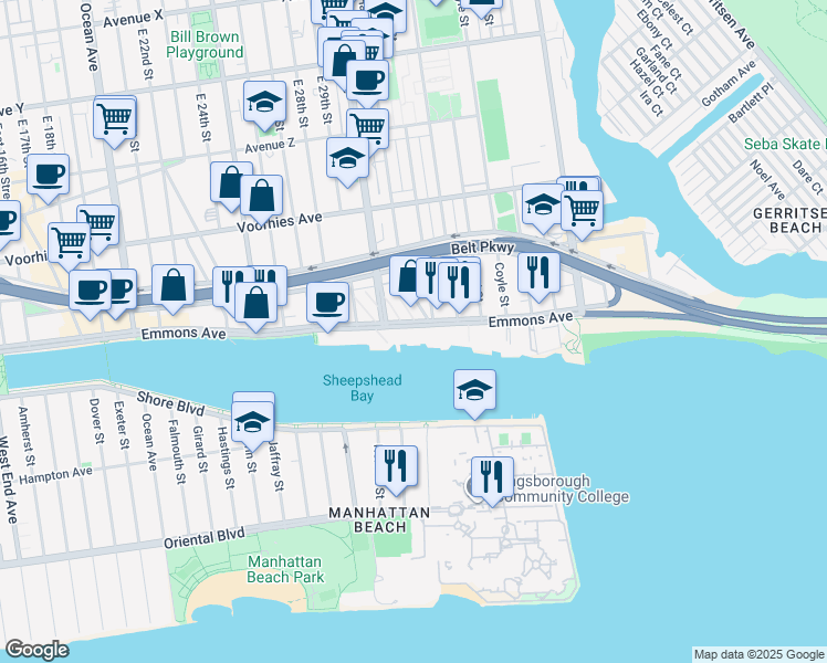 map of restaurants, bars, coffee shops, grocery stores, and more near 3027 Emmons Avenue in Brooklyn