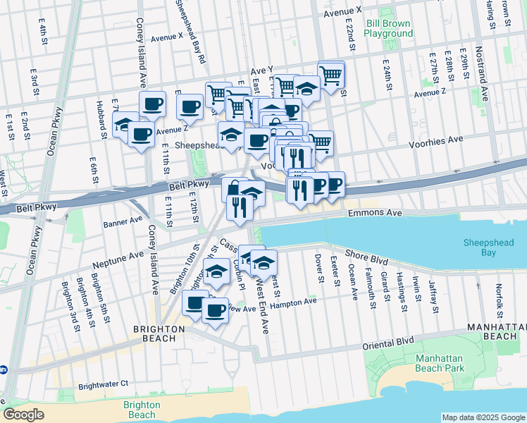 map of restaurants, bars, coffee shops, grocery stores, and more near 2778 East 16th Street in Brooklyn