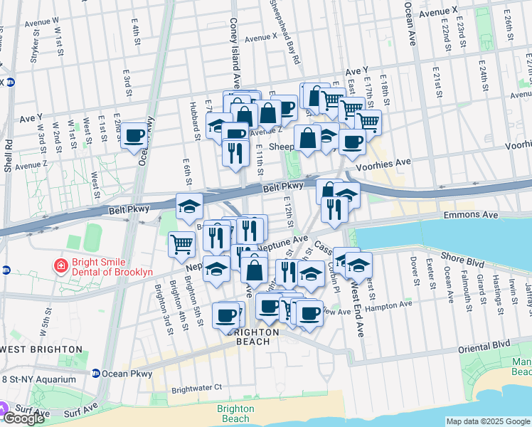 map of restaurants, bars, coffee shops, grocery stores, and more near 2745 East 11th Street in Brooklyn