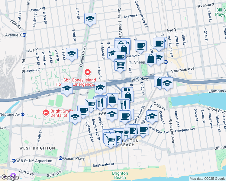 map of restaurants, bars, coffee shops, grocery stores, and more near 2731 Brighton 7th Street in Brooklyn
