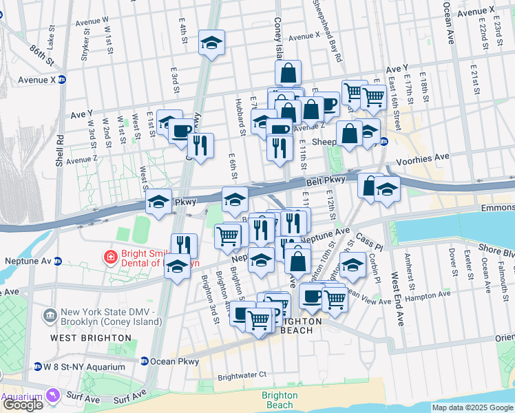 map of restaurants, bars, coffee shops, grocery stores, and more near 2731 Brighton 7th Street in Brooklyn
