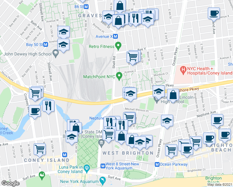 map of restaurants, bars, coffee shops, grocery stores, and more near 2815 Shell Road in Brooklyn