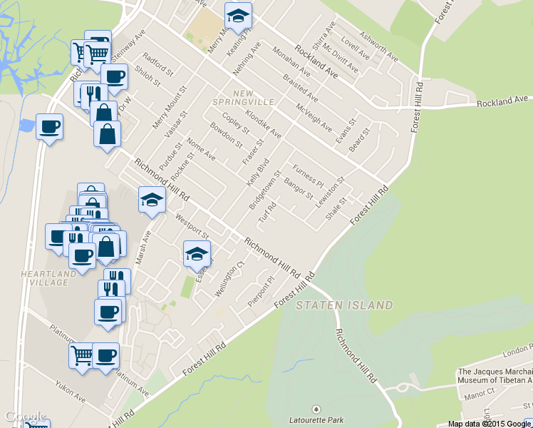 map of restaurants, bars, coffee shops, grocery stores, and more near 151 Bridgetown Street in Staten Island