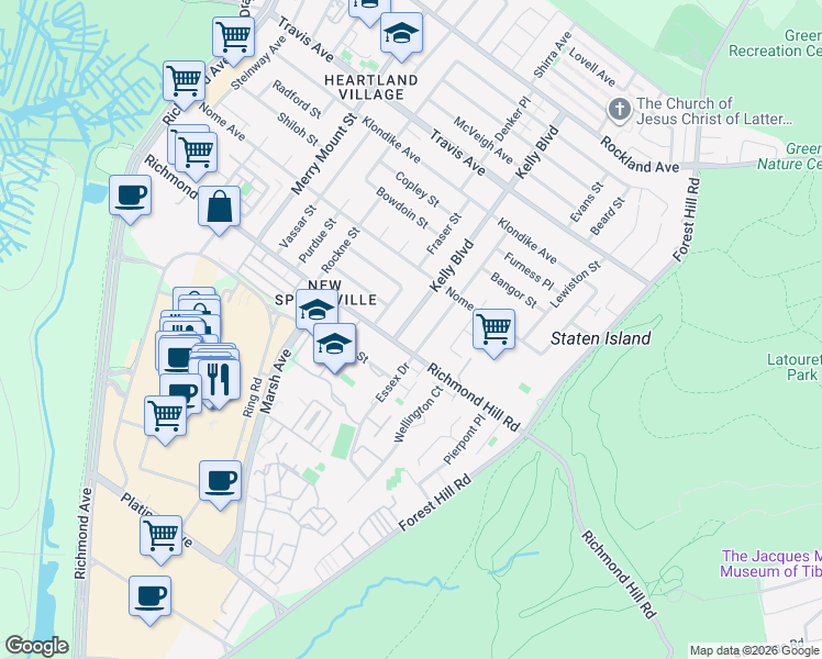 map of restaurants, bars, coffee shops, grocery stores, and more near 251 Kelly Boulevard in Staten Island