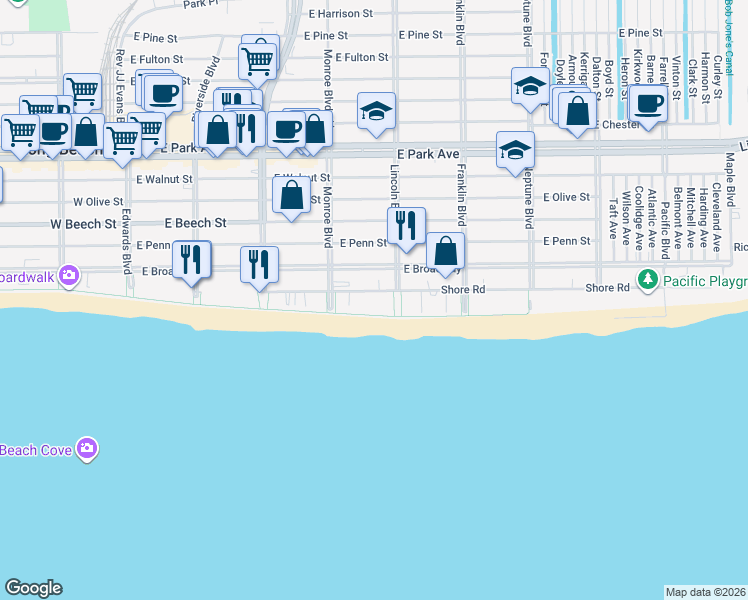 map of restaurants, bars, coffee shops, grocery stores, and more near 365 Shore Road in Long Beach
