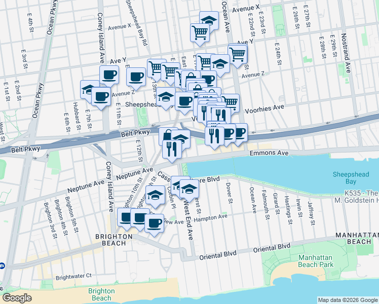 map of restaurants, bars, coffee shops, grocery stores, and more near 2778 East 16th Street in Brooklyn