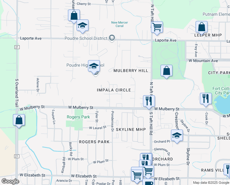 map of restaurants, bars, coffee shops, grocery stores, and more near 326 Impala Circle in Fort Collins