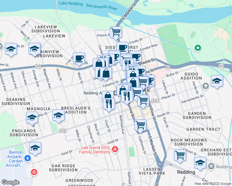 map of restaurants, bars, coffee shops, grocery stores, and more near 1620 Yuba Street in Redding
