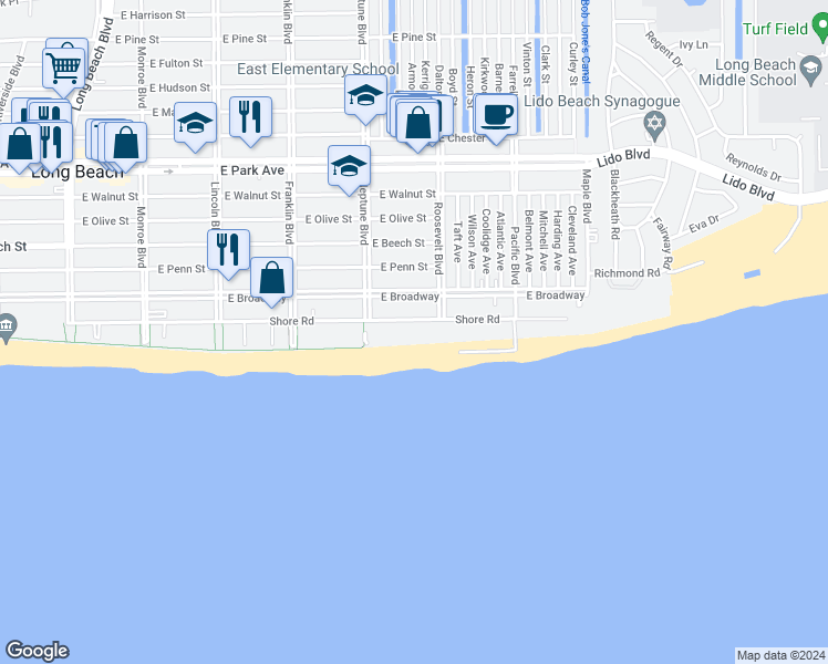 map of restaurants, bars, coffee shops, grocery stores, and more near 630 Shore Road in Long Beach