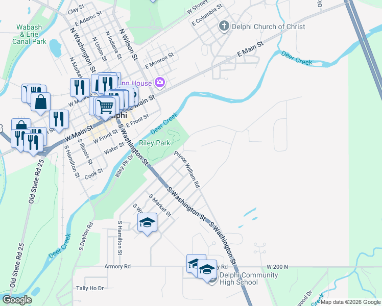 map of restaurants, bars, coffee shops, grocery stores, and more near 100 Riley Road in Delphi
