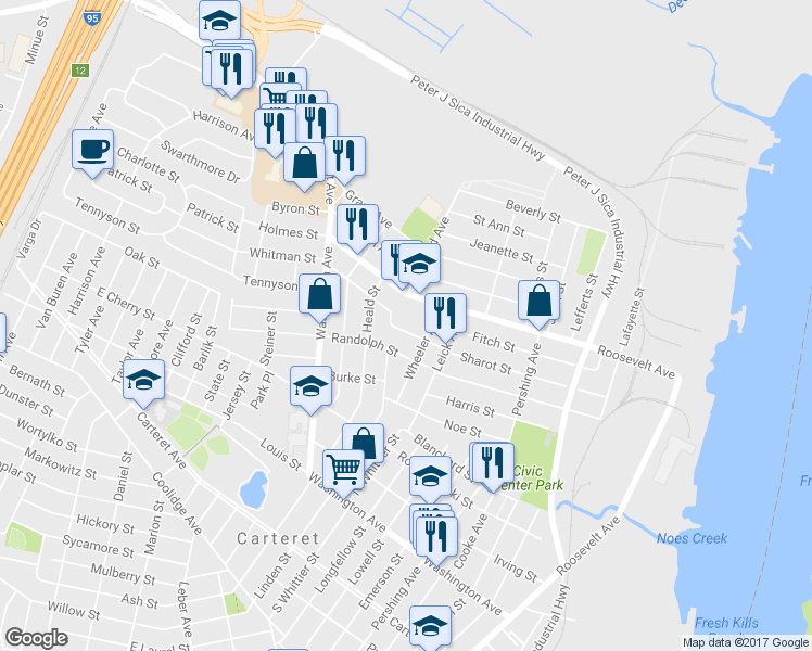 map of restaurants, bars, coffee shops, grocery stores, and more near 116 Sharot Street in Carteret