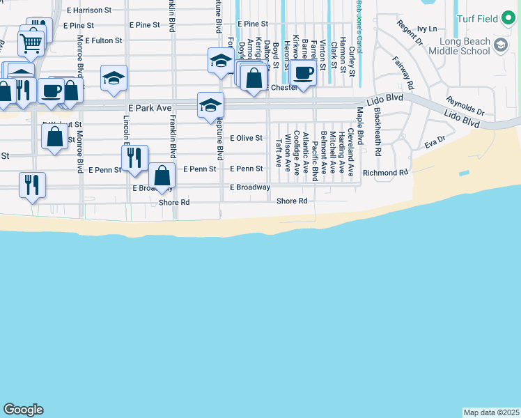 map of restaurants, bars, coffee shops, grocery stores, and more near 666 Shore Road in Long Beach