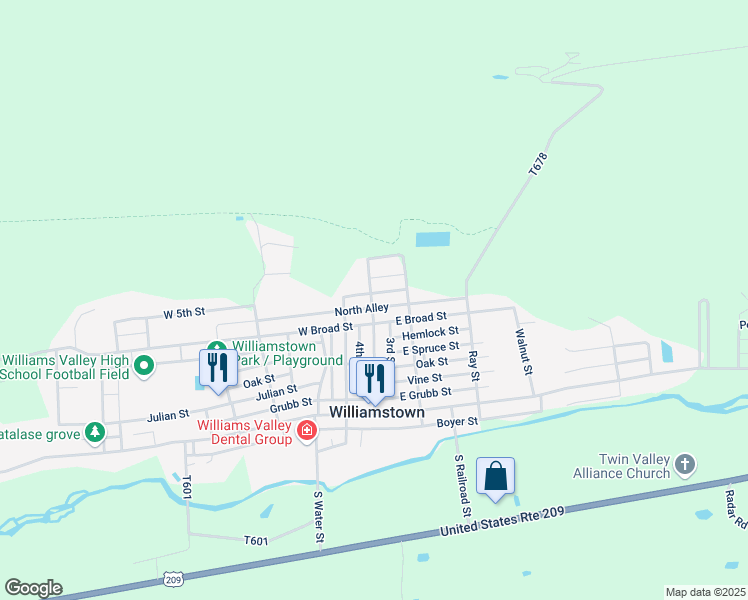 map of restaurants, bars, coffee shops, grocery stores, and more near 102 East 5th Street in Williamstown