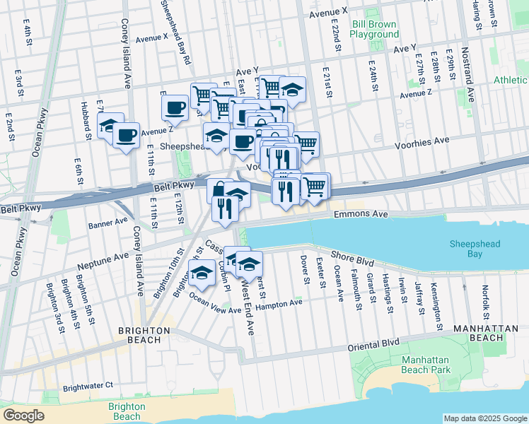 map of restaurants, bars, coffee shops, grocery stores, and more near 2775 East 16th Street in Brooklyn
