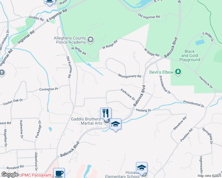 map of restaurants, bars, coffee shops, grocery stores, and more near 1473 Parkview Drive in McCandless
