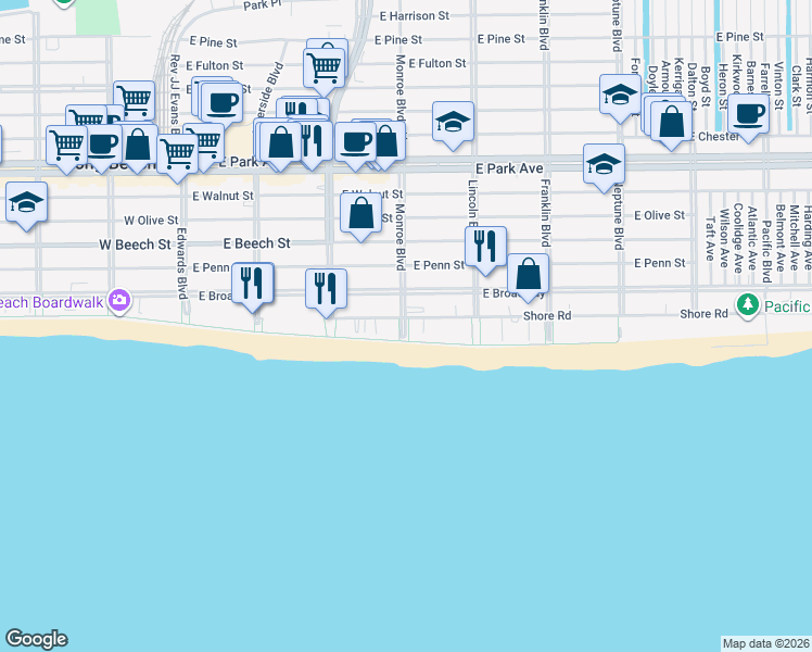 map of restaurants, bars, coffee shops, grocery stores, and more near 325 Shore Road in Long Beach