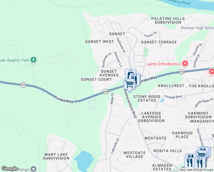 map of restaurants, bars, coffee shops, grocery stores, and more near 4158 Sunflower Drive in Redding