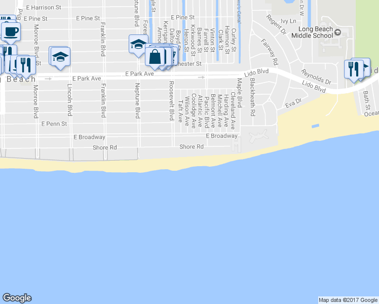 map of restaurants, bars, coffee shops, grocery stores, and more near 750 Shore Road in Long Beach