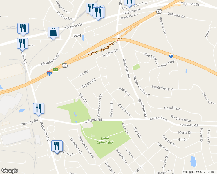 map of restaurants, bars, coffee shops, grocery stores, and more near 216 Briarwood Court in Allentown