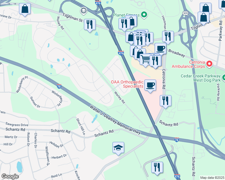 map of restaurants, bars, coffee shops, grocery stores, and more near 5163 Dogwood Trail in Allentown