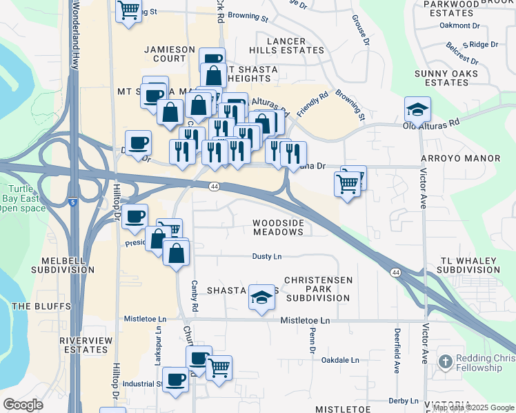 map of restaurants, bars, coffee shops, grocery stores, and more near 1217 Woodside Meadows Road in Redding