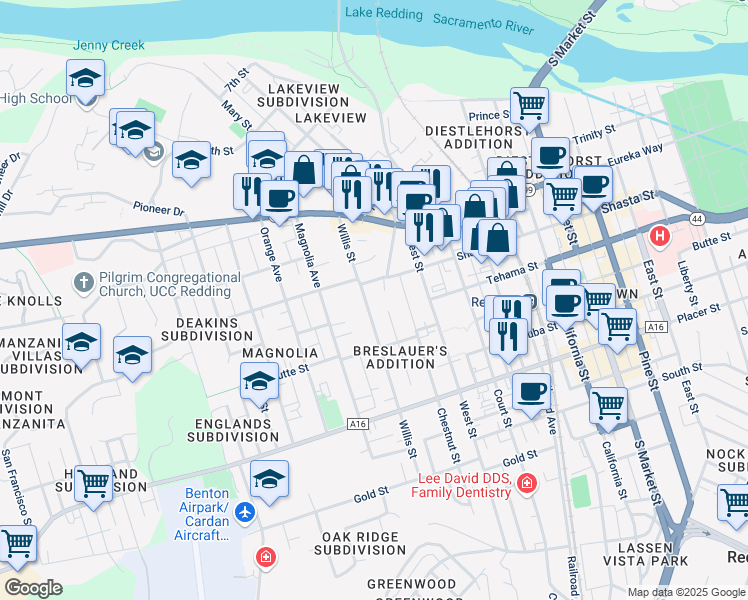 map of restaurants, bars, coffee shops, grocery stores, and more near 2045 Shasta Street in Redding