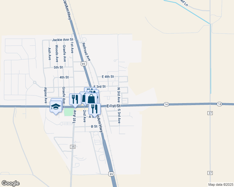 map of restaurants, bars, coffee shops, grocery stores, and more near 267 North 3rd Avenue in Ault