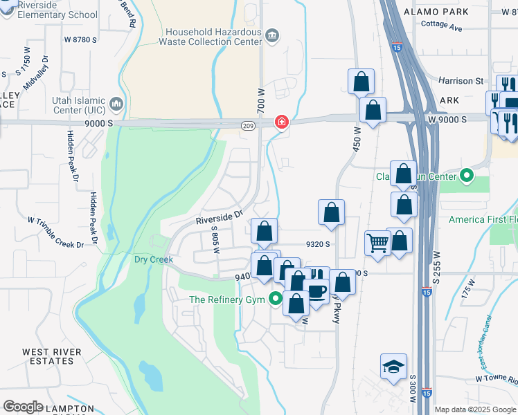 map of restaurants, bars, coffee shops, grocery stores, and more near 9193 South Jefferson Place in Sandy