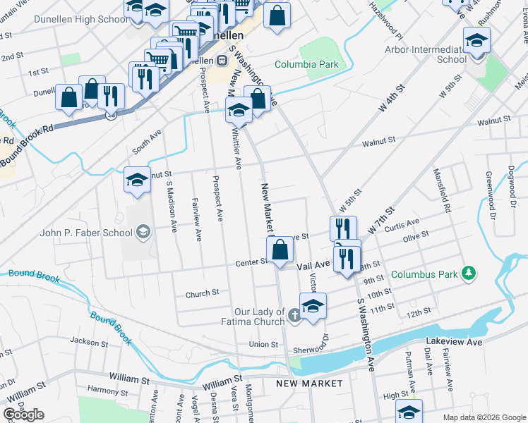 map of restaurants, bars, coffee shops, grocery stores, and more near 357 New Market Road in Piscataway