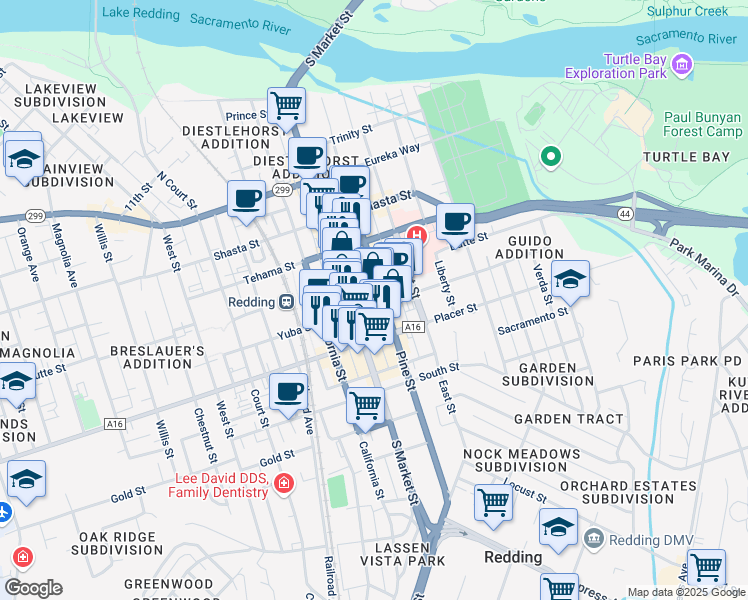 map of restaurants, bars, coffee shops, grocery stores, and more near 1320 Yuba Street in Redding