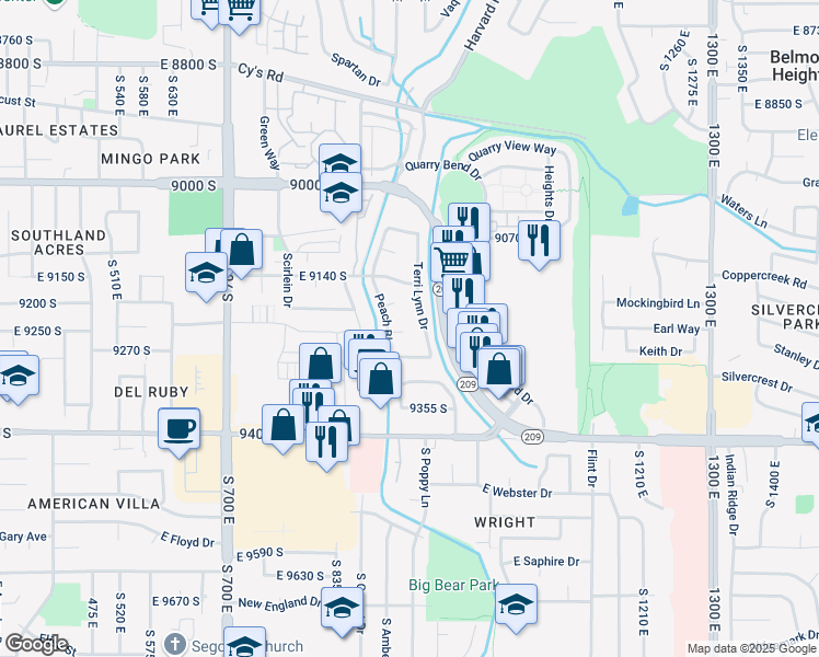 map of restaurants, bars, coffee shops, grocery stores, and more near 911 Karon Circle in Sandy