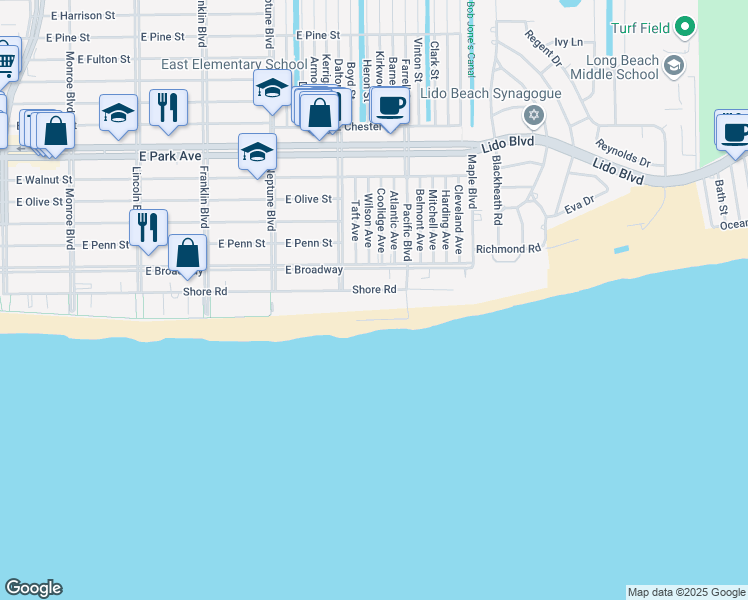 map of restaurants, bars, coffee shops, grocery stores, and more near 750 Shore Road in Long Beach