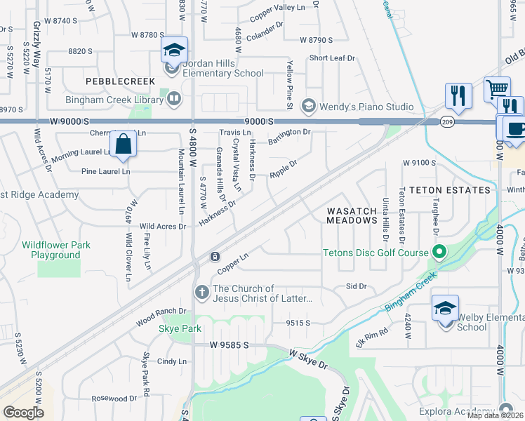 map of restaurants, bars, coffee shops, grocery stores, and more near 4637 Moose Horn Court in West Jordan