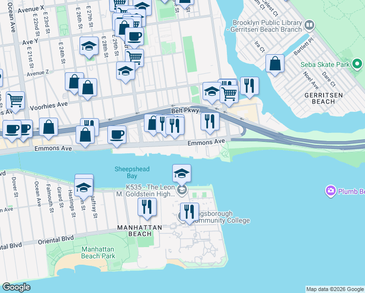 map of restaurants, bars, coffee shops, grocery stores, and more near 3136A Emmons Avenue in Brooklyn