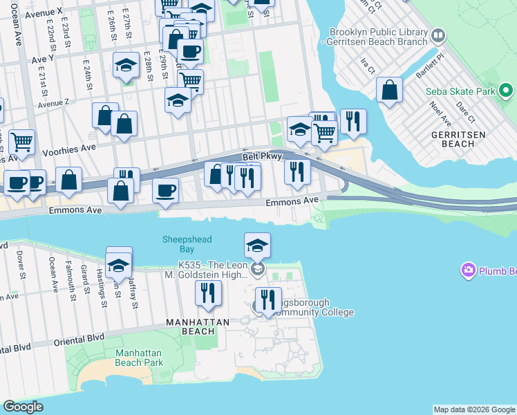 map of restaurants, bars, coffee shops, grocery stores, and more near 3136A Emmons Avenue in Brooklyn