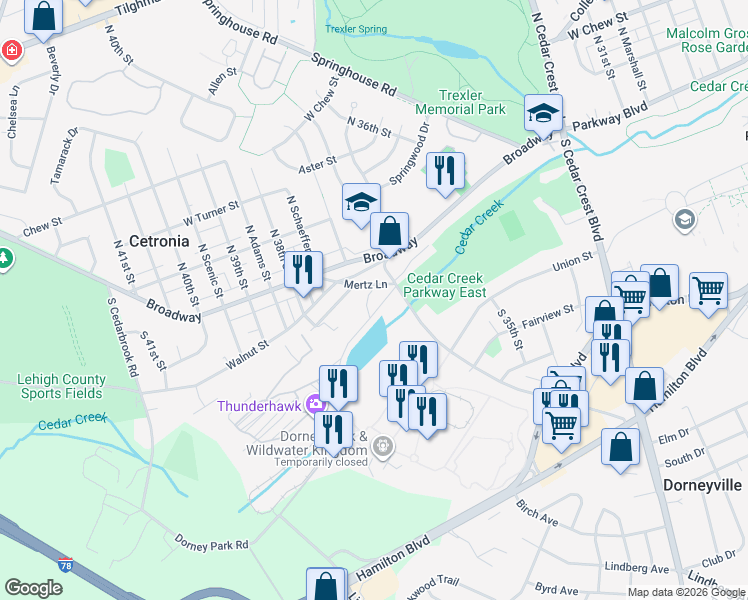 map of restaurants, bars, coffee shops, grocery stores, and more near 3607 Dorney Park Road in Allentown