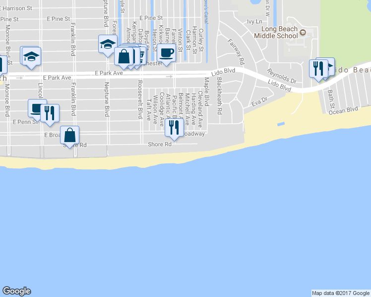 map of restaurants, bars, coffee shops, grocery stores, and more near 71 Harding Avenue in Long Beach