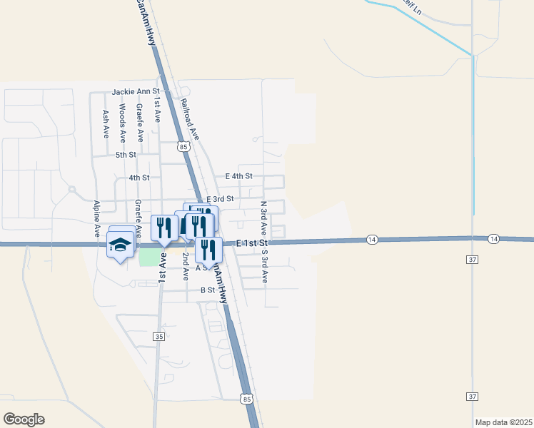 map of restaurants, bars, coffee shops, grocery stores, and more near 267 North 3rd Avenue in Ault