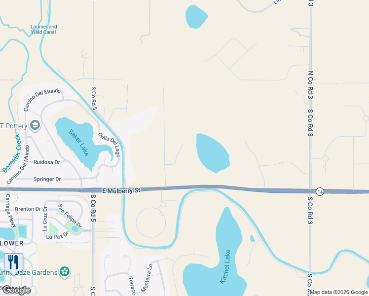 map of restaurants, bars, coffee shops, grocery stores, and more near 5418 Colorado 14 in Fort Collins